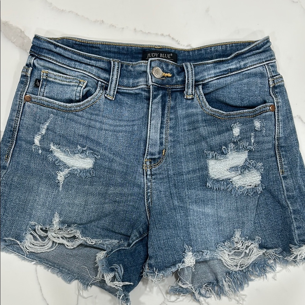 Judy Blue Blue Distressed Jean Shorts Raw Hem